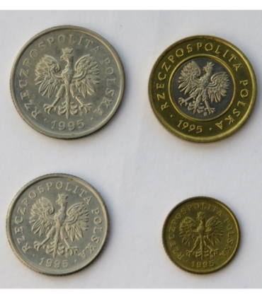 Lot: 1 grosz, 50 groszy, 1 złoty, 2 złote, 1995, stan 1/1-