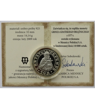 Gdańsk, grosz oblężniczy 1577, Srebro 925, platerowany, 2009 r.