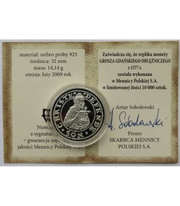 Gdańsk, grosz oblężniczy 1577, Srebro 925, platerowany, 2009 r.