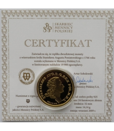 Replika dwuzłotówki Stanisława Augusta Poniatowskiego, 1766, srebro złocone