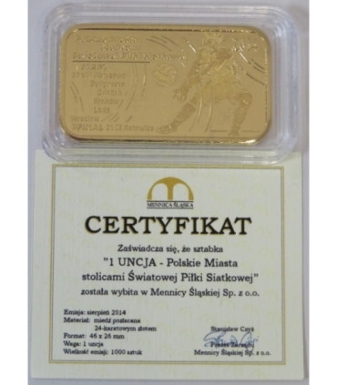 Numizmat Polskie miasta, 1 uncja Cu platerowana Au, etui, certyfikat