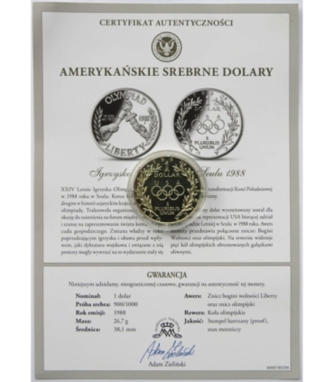 USA 1 dolar, 1988, Igrzyska XXIV Olimpiady, Seul 1988, certyfikat