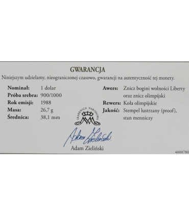 USA 1 dolar, 1988, Igrzyska XXIV Olimpiady, Seul 1988, certyfikat
