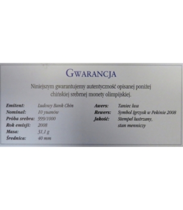 Chiny 10 YUANÓW 2008 "Taniec lwa" 1 uncja Srebro Ag 999, certyfikat