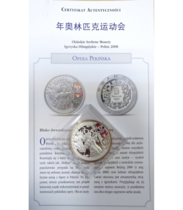 Chiny 10 YUANÓW 2008 "Opera pekińska" 1 uncja Srebro Ag 999, certyfikat