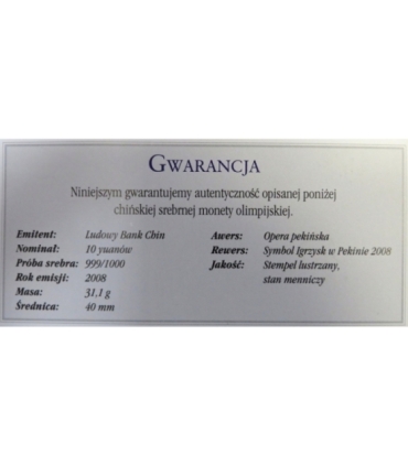 Chiny 10 YUANÓW 2008 "Opera pekińska" 1 uncja Srebro Ag 999, certyfikat