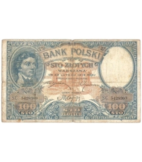 Banknot 100 zł, rok 1919 rok, seria S.C. stan 5+