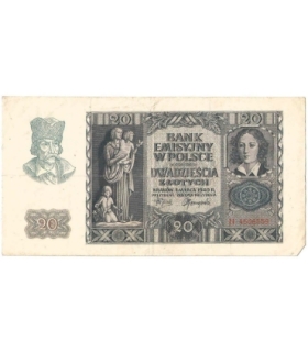 Banknot 20 złotych, 1940, seria H 2212469, stan 3