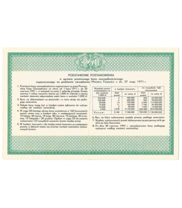 PKO Premiowy Bon Oszczędnościowy 250 zł 1971 rok