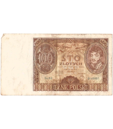 Banknot 100 zł 1934 rok, seria BD stan 3-