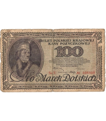 100 marek polskich 1919, Ser. U Nr 608808, stan 5-