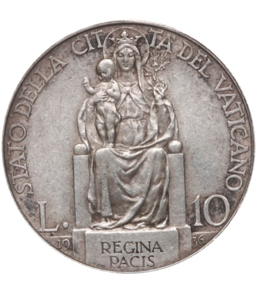 Watykan 10 lirów, Papież Pius XI, 1936, srebro