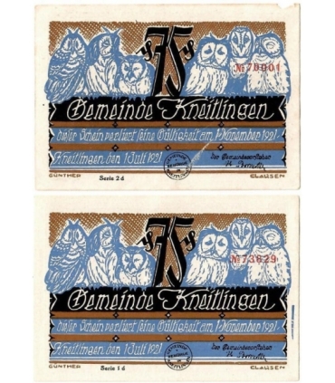 2x75 fenigów banknoty zastępcze Powiat Kneitlingen 1921