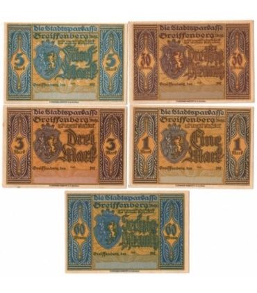 Lot: 5 x Notgeldy Gryfów śląski, 30,60 f, 1,3,5 m