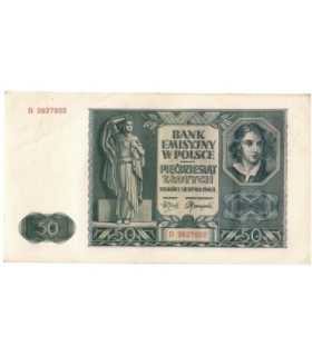 Banknot 50 złotych 1941 stan 3, seria D