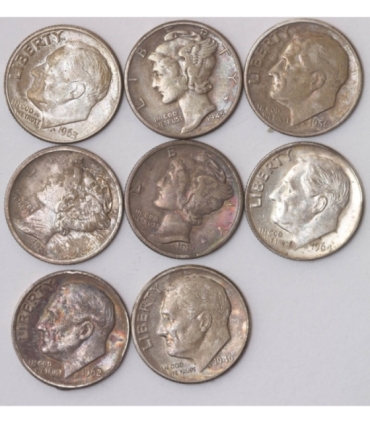 8 x one dime (10 centów), srebro Ag900, różne roczniki 1917-1963