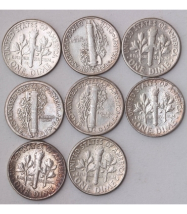 8 x one dime (10 centów), srebro Ag900, różne roczniki 1917-1963