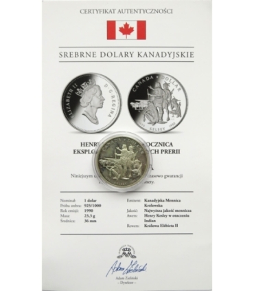 Kanada, 1 dolar 1990, Henry Kelsey -eksploracja prerii, srebro, certyfikat
