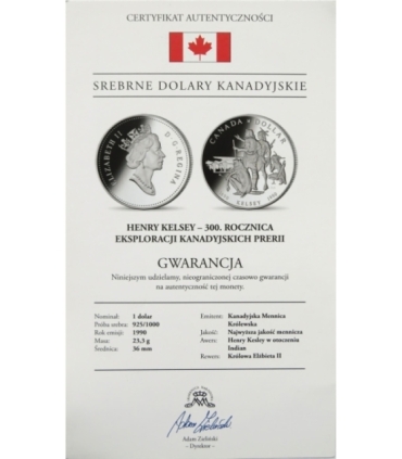 Kanada, 1 dolar 1990, Henry Kelsey -eksploracja prerii, srebro, certyfikat