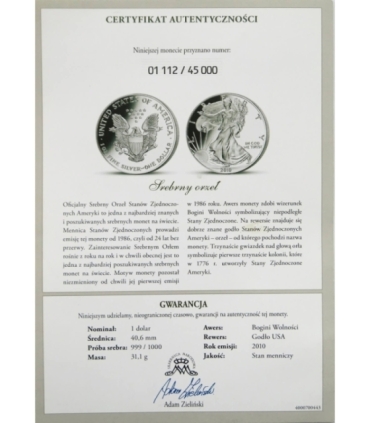 USA 1 dolar, 2010 Amerykański Orzeł, 1 Oz, certyfikat