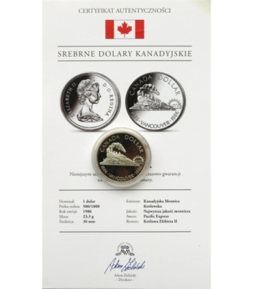 Kanada, 1 dolar - Pacific Express 1986 r.  + certyfikat