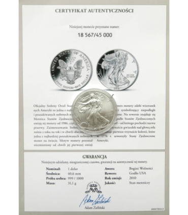 USA 1 dolar, 2010 Amerykański Orzeł, 1 Oz, certyfikat