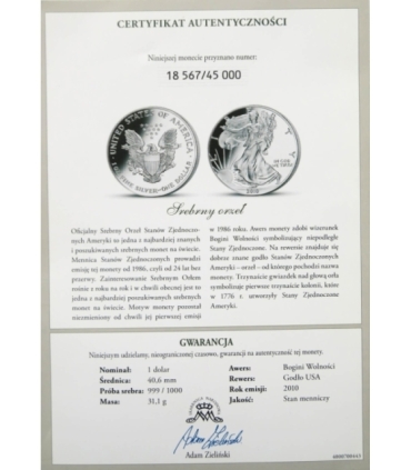 USA 1 dolar, 2010 Amerykański Orzeł, 1 Oz, certyfikat