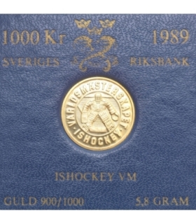 Szwecja 1000 koron, 1989, złoto Au900, 5.8g,  Hokej na lodzie