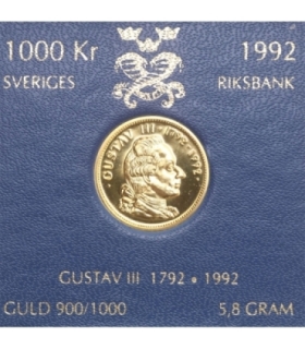 Szwecja 1000 koron, 1992, złoto Au900, 5.8g,  król Gustaw III