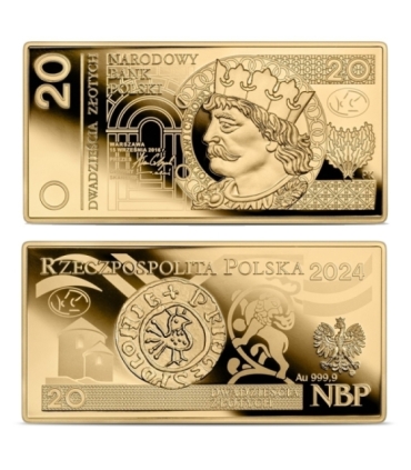 Polskie banknoty obiegowe 20 zł - złoto Au 999, 31,1g