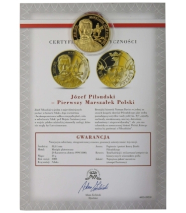 Medal, Wielcy Polacy, Marszałek Józef Piłsudski, certyfikat