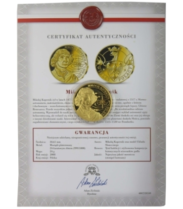 Medal, Wielcy Polacy, Mikołaj Kopernik, certyfikat