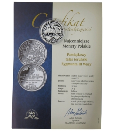 Pamiątkowy talar toruński Zygmunta III Wazy, replika, srebro Ag999