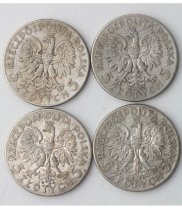 Lot 4 x 5 złotych głowa kobiety 1933, 1934