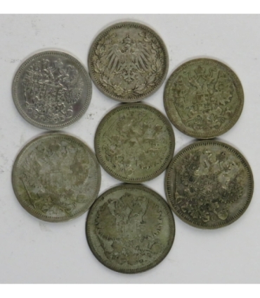 Zestaw srebrnych kopiejek carskich + 1/2 marki Ag