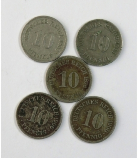 Lot: Niemcy 5 x 10 fenigów: 1876, 1898, 1900, 1906, 1914