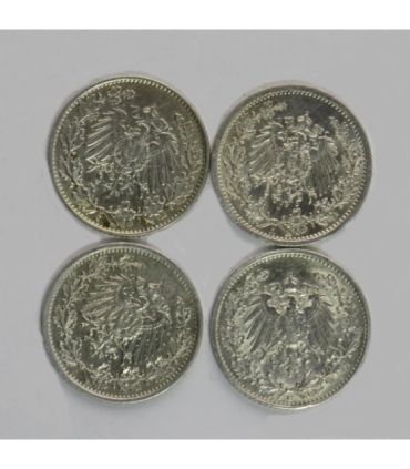 Niemcy, 4 x 1/2 marki, różne roczniki: 1912 (J), 1914 (A), 1915 (G), 1916 (A), ładne