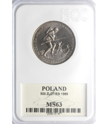 500 zł 50. Rocznica wojny obronnej narodu Polskiego, 1989, GCN MS63
