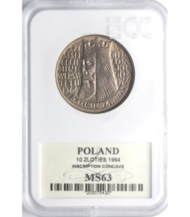 10 zł Kazimierz Wielki - napis wklęsły, 1964, GCN MS63