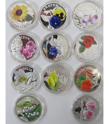 Świat kwiatów - zestaw 11 numizmatów w etui, srebro Ag  + certyfikaty