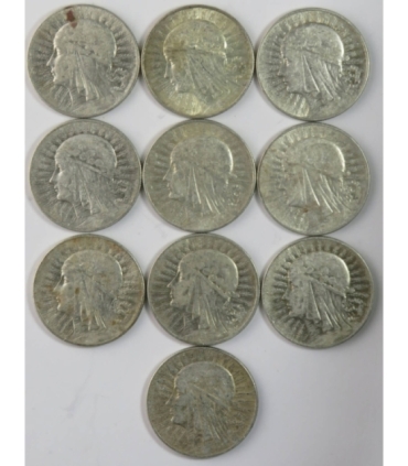 Lot: 10 x 5 złotych Głowa kobiety 1932-1934, stan 3