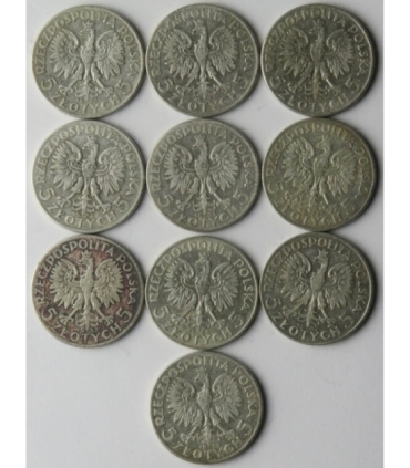 Lot: 10 x 5 złotych Głowa kobiety 1932-1934, stan 3
