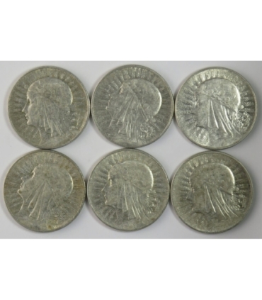 Lot: 6 x 5 złotych Głowa kobiety 1932-1934, stan 3