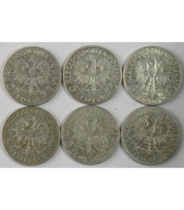 Lot: 6 x 5 złotych Głowa kobiety 1932-1934, stan 3