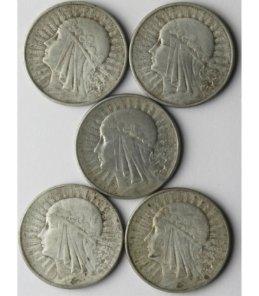 Lot: 5 x 10 złotych Głowa kobiety 1932, stan 3