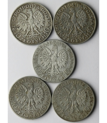 Lot: 5 x 10 złotych Głowa kobiety 1932, stan 3