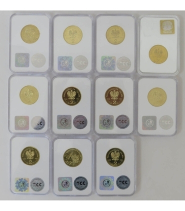 Zestaw 11 monet 2 zł GN rocznik 2010 + 1 x rocznik 2009, grading GCN MS65-MS66, mennicze