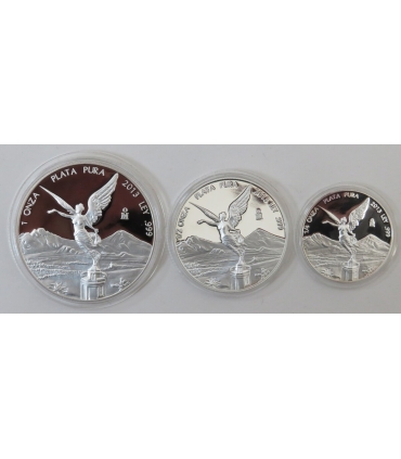 2013 Meksyk Zestaw 3 srebrnych monet 3Libertad (1+0,5+0,25 oz), drewniane pudełko, Ag999