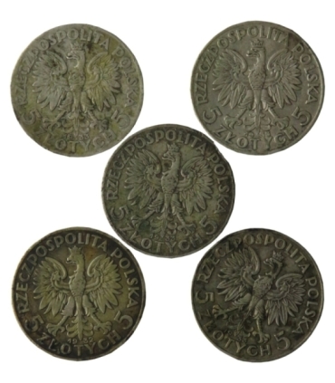 Lot: 5 x 5 złotych Głowa kobiety 1932-1933, stan 3