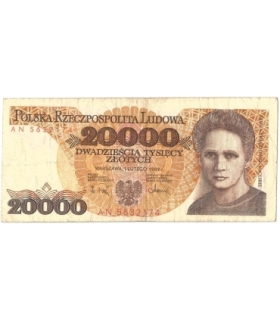 20000 zł, Maria Skłodowska-Curie, 1989, seria AP, stan 3-